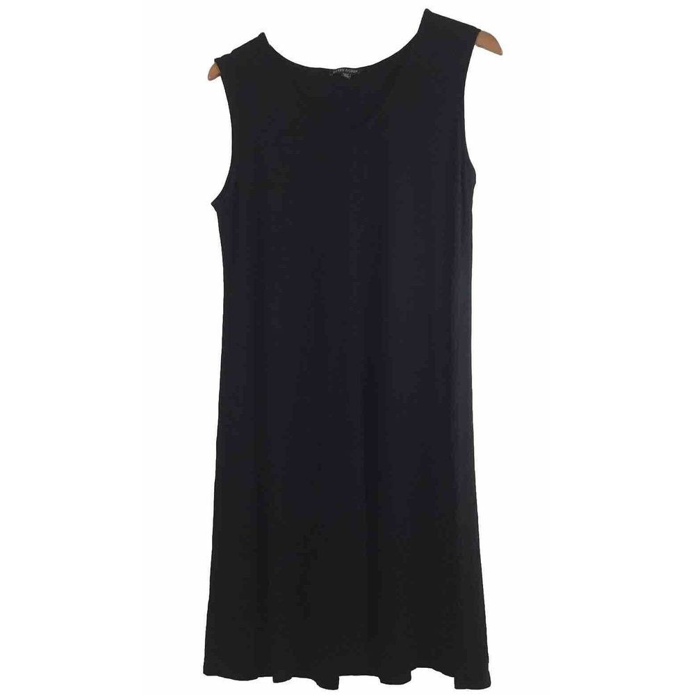 Eileen Fisher Size M Black Rayon Jersey Stretch Tank Dress Inverted Back Pleat